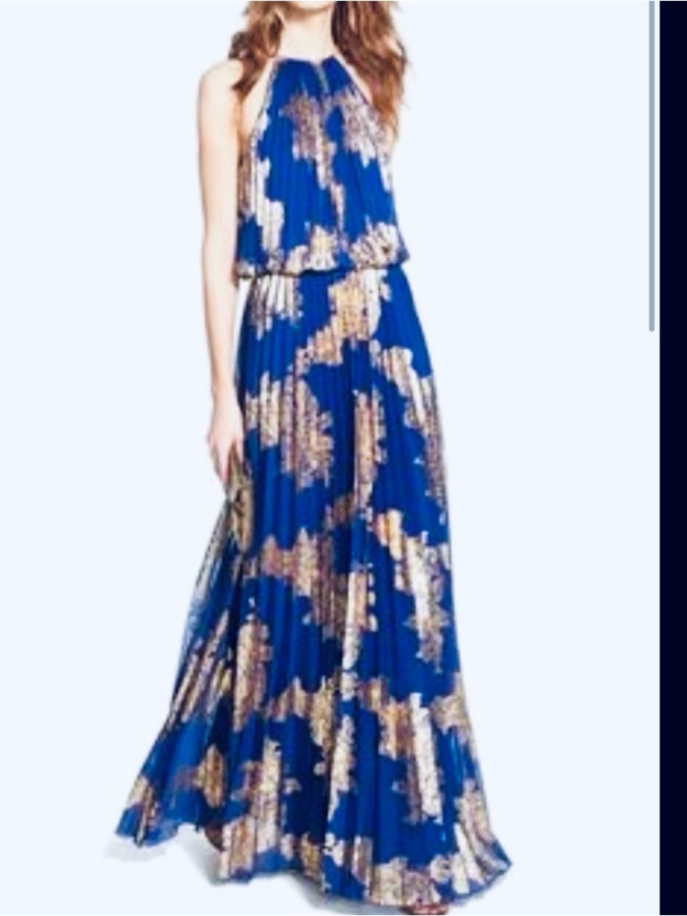 Xscape Royal Blue Maxi Dress with Gold Metallic Pride
